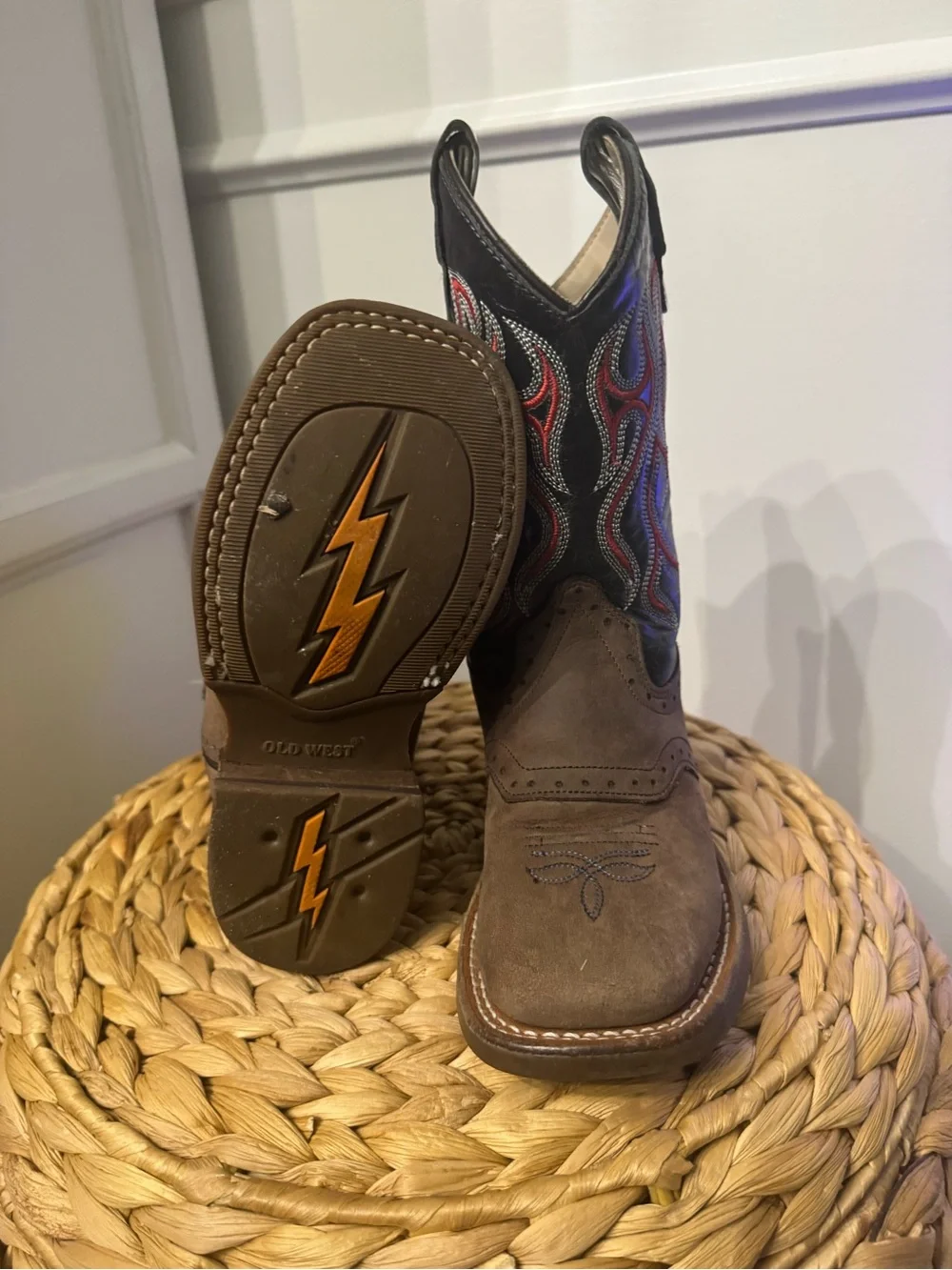 Kids Brown Cowboy Boots with Red & Blue Stitching